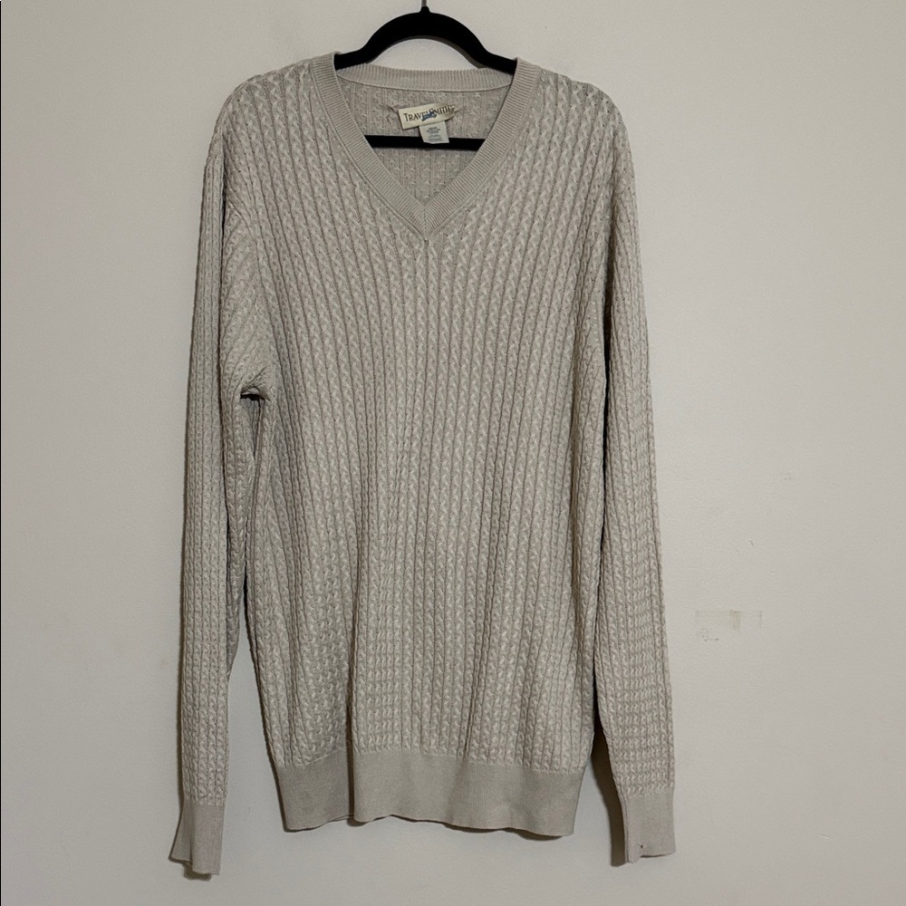 Travel smith V-Neck Sweater pullover Beige men’s L silk cotton casual office Y2K